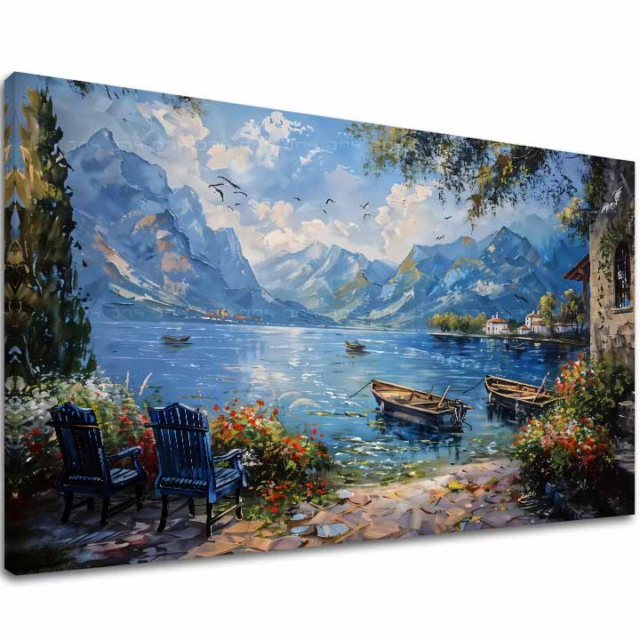 Пејзажно сликарство на платно Пристаниште во планините | Акрилни детали 40x60 cm