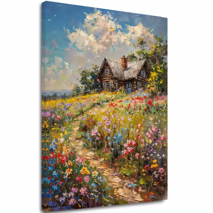 Сликарство на платно Колиба во поле со цвеќиња | Акрилни детали 80x120 cm
